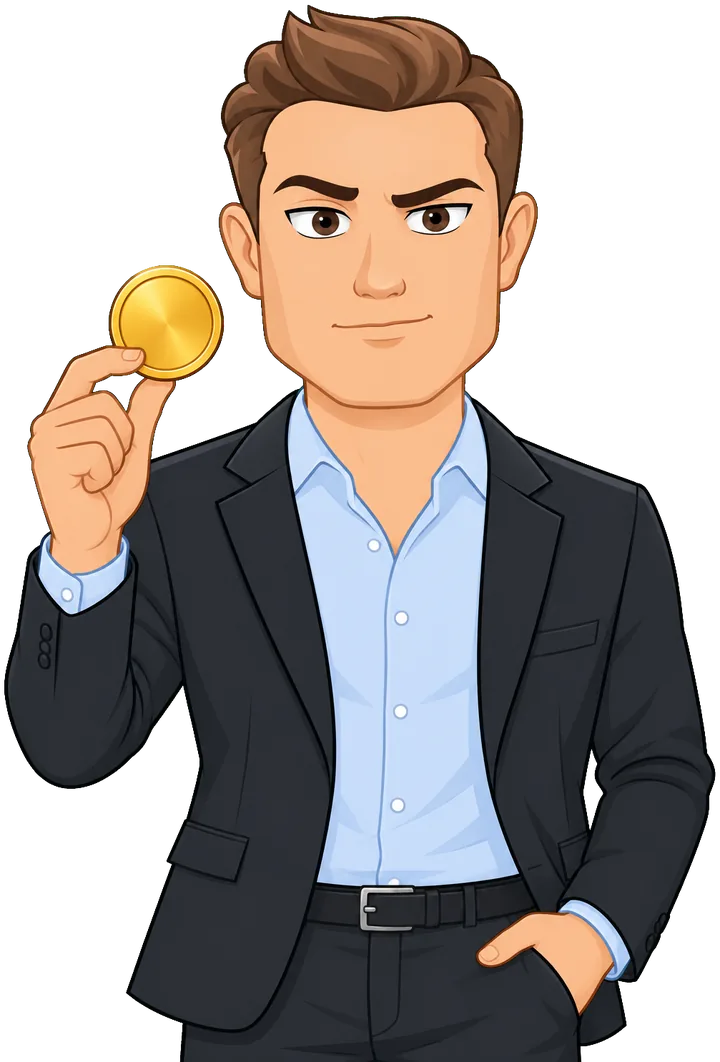 Mr. Talero, an illustrated host in a charcoal suit, holding up a gold coin