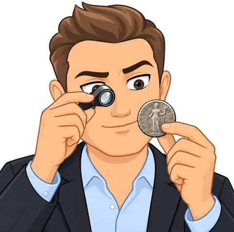 Mr. Talero examining an old silver coin through a jeweler's loupe