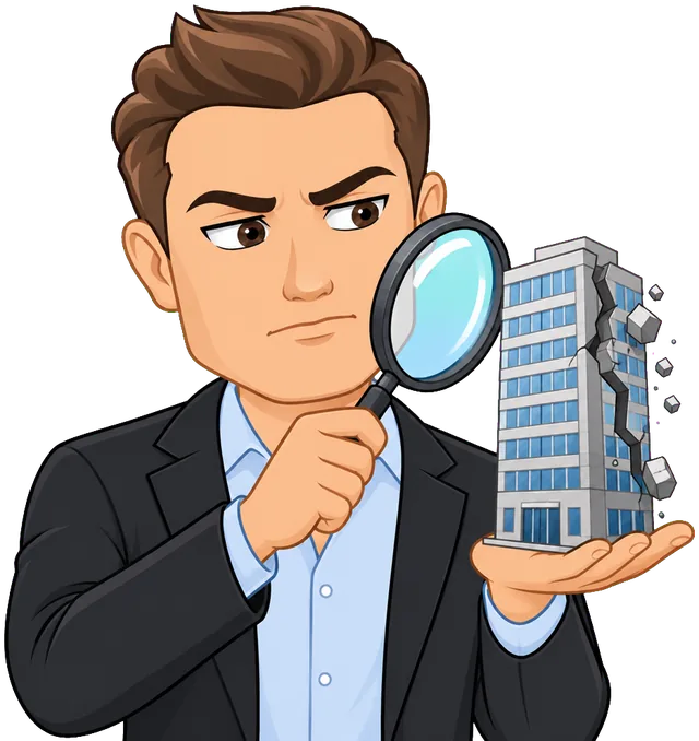 Mr. Talero inspecting a cracked office tower through a magnifying glass