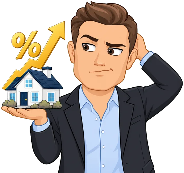 Mr. Talero holding a small house under a rising percent sign