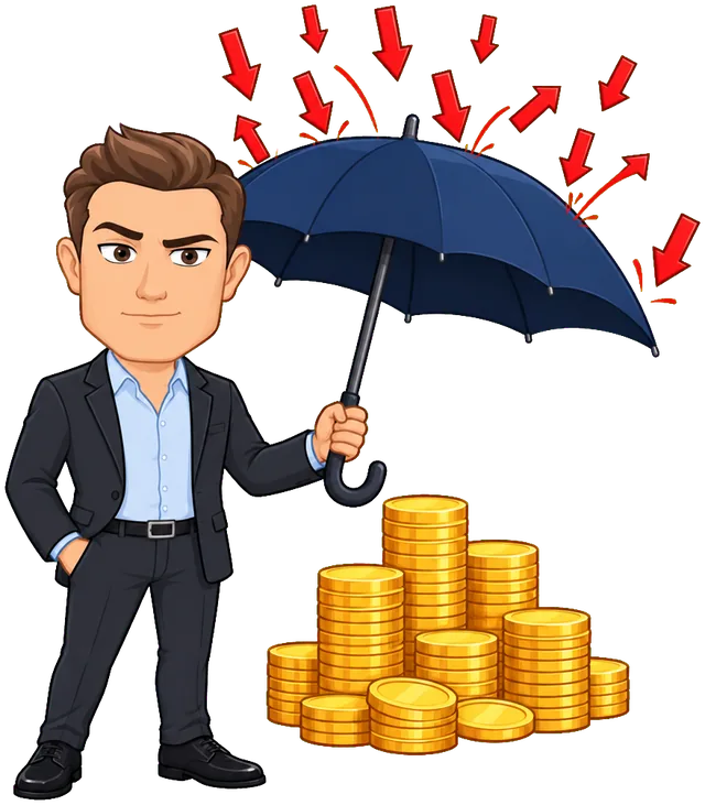 Mr. Talero holding an umbrella over a stack of gold coins while red arrows rain down